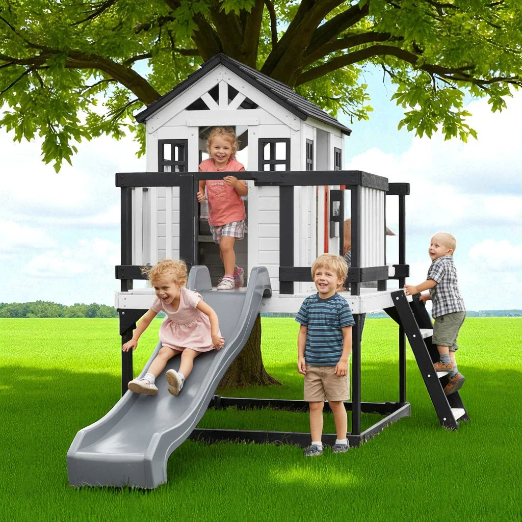 Outdoor Kids Playhouse with Slide – Elevated Wooden Playhouse with Ladder & Balcony