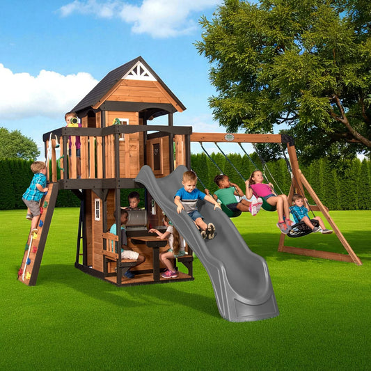 Two-Story Wooden Swing Set Playhouse – Outdoor Backyard Playset with Slide, Swings & Climbing Wall