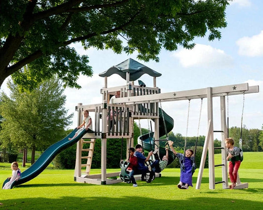 Vinyl Swing Set with Tower Roof – Outdoor Playground with Double Slides, Swings, and Playhouse