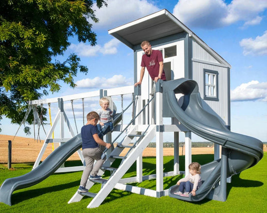 Stargazer Vinyl Swing Set with Playhouse – Double Slide, Swings, and Modern Backyard Playground