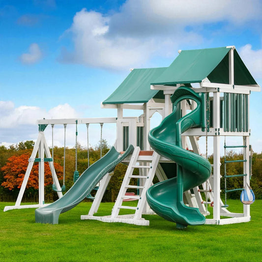 Twin Tower Vinyl Swing Set – Backyard Playground with Spiral Slide, Straight Slide, and Swings