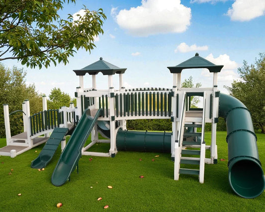 Large Commercial Vinyl Playground – Double Tower Playset with Slides, Tunnel, and Bridge for Outdoor Fun