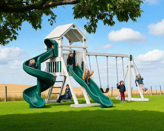 Galaxy Explorer Vinyl Swing Set – Outdoor Playhouse with Spiral & Straight Slides, Swings, and Climbing Features