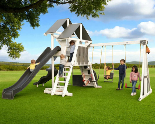 Moon Walk Outdoor Vinyl Playground – Kids Playhouse with Double Slides & Swings