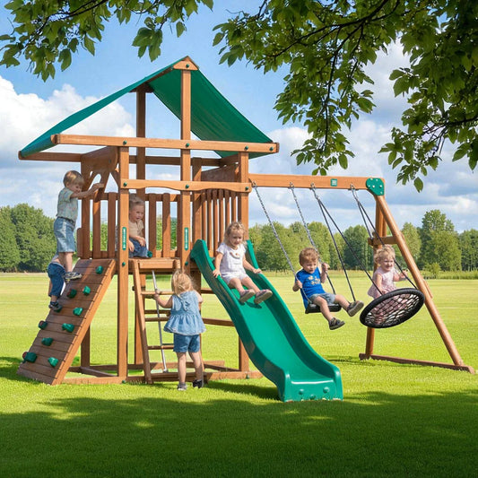 Wooden Swing Set with Slide, Rock Wall & Canopy Roof – Backyard Playset for Kids