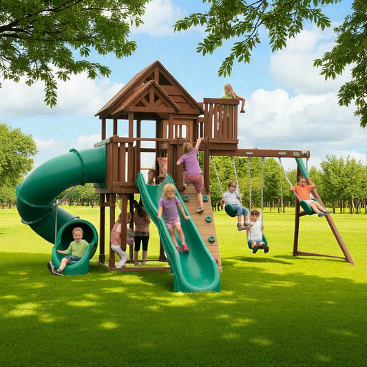 Wooden Swing Set with Spiral Tube Slide, Wave Slide, Rock Wall & Swings – Outdoor Kids Playhouse