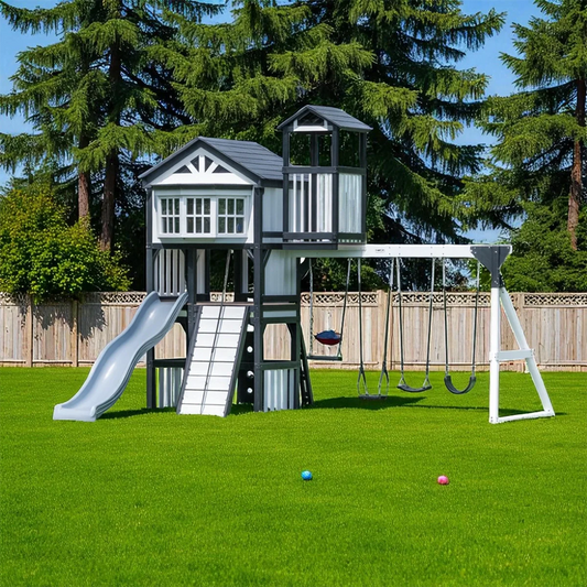 Modern Wooden Swing Set – Backyard Playhouse with Slide, Swings & Climbing Wall