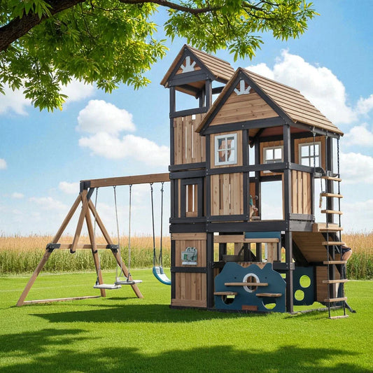 Deluxe Wooden Playhouse Swing Set – Multi-Level Outdoor Playset with Swings, Climbing Wall & Activity Center