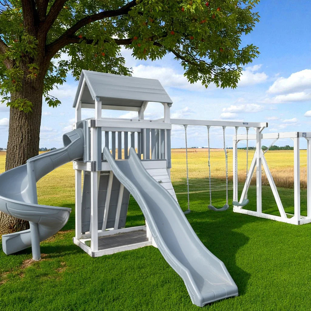 Starlight Vinyl Swing Set – Outdoor Playground with Double Slides, Swings, and Climbing Playhouse