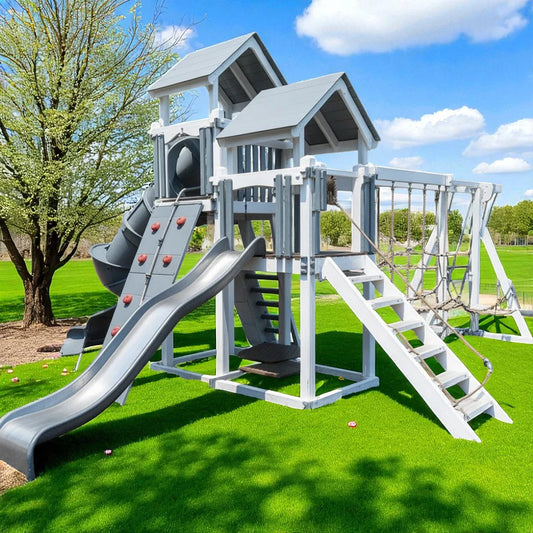 Space Shuttle Vinyl Swing Set – Double Tower Playground with Spiral Slide, Rock Wall, and Swings