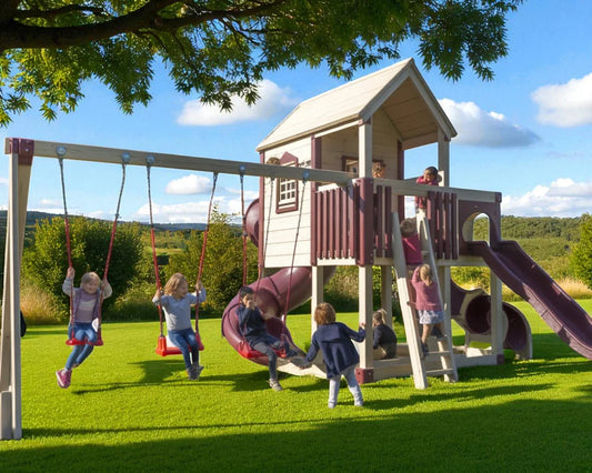 Orion’s Hideout Vinyl Swingset – Playhouse with Spiral Slide, Swings & Outdoor Playground