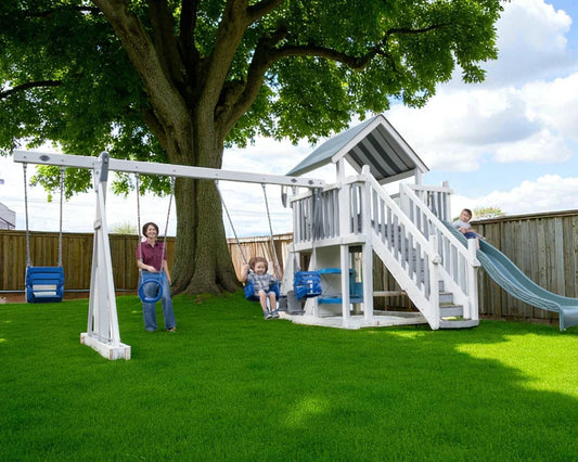 Bright Star Vinyl Swing Set – Outdoor Playhouse with Swings, Slide, and Climbing Features