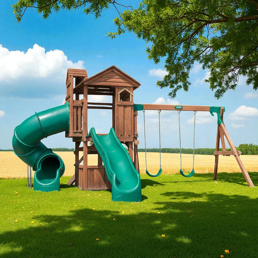 Wooden Swing Set with Tube Slide, Wave Slide & Swings – Outdoor Kids Playhouse for Backyard