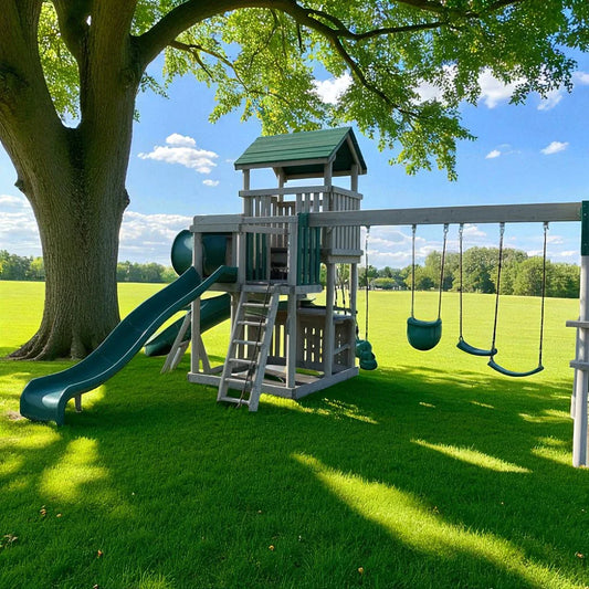 Orbit Nebula Vinyl Swing Set – Double Tower Playground with Slide, Swings, and Climbing Features