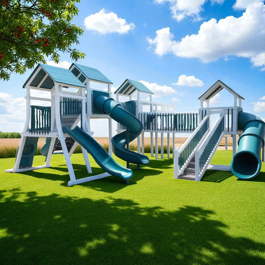 Large Vinyl Playground Playset – Multi-Tower Swing Set with Spiral Slide, Tube Slide, Bridge & Climbing Wall