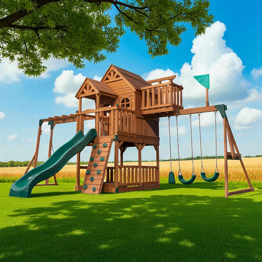 Deluxe Wooden Swing Set with Double Towers, Green Slide, Rock Wall & Swings – Outdoor Kids Playhouse