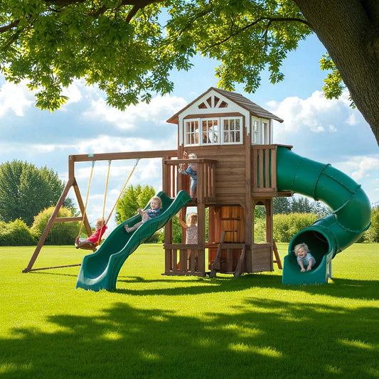 Wooden Backyard Swing Set with Tube Slide, Wave Slide & Two-Story Playhouse