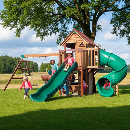 Deluxe Wooden Swing Set with Double Slides, Tube Slide & Backyard Playhouse