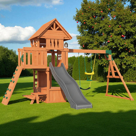 Wooden Swing Set with Gray Slide, Rock Wall & Picnic Table – Outdoor Backyard Playset