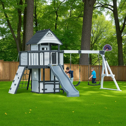 Modern Outdoor Wooden Swing Set – Playhouse with Slide, Swings & Climbing Wall