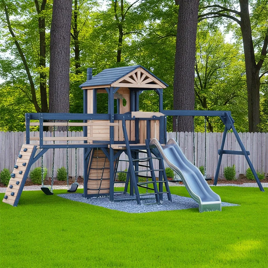 Rustic Wooden Swing Set – Outdoor Playhouse with Slide, Swings & Climbing Wall
