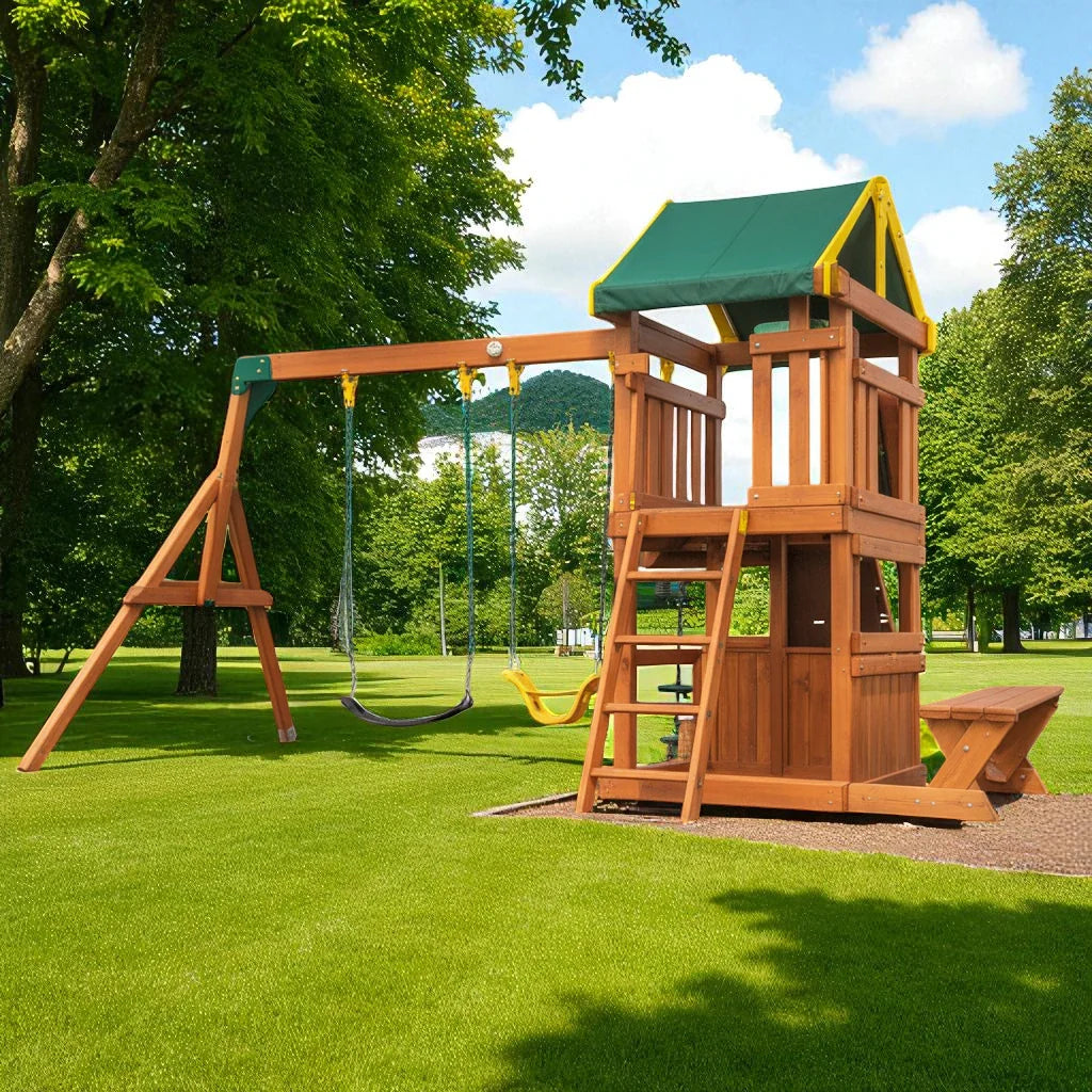 Backyard Discovery Wooden Swing Set – Kids Playset with Swings, Slide & Picnic Table