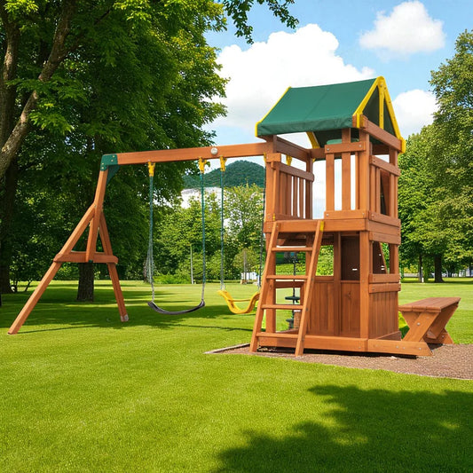 Backyard Discovery Wooden Swing Set – Kids Playset with Swings, Slide & Picnic Table