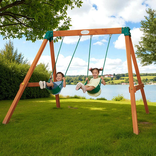 Wooden Double Swing Set for Kids – Outdoor Backyard Play Swing