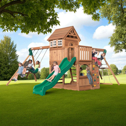 Woodland Haven Wooden Playset – Backyard Swing Set with Slide, Rock Wall & Playhouse