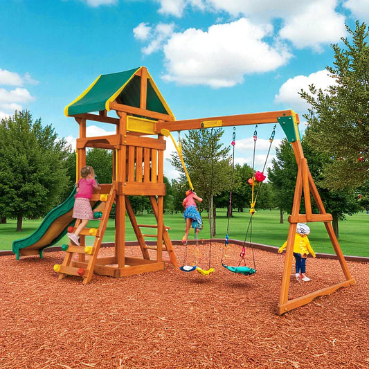 Backyard Discovery Wooden Swing Set – Kids Outdoor Playset with Slide, Swings & Climbing Wall