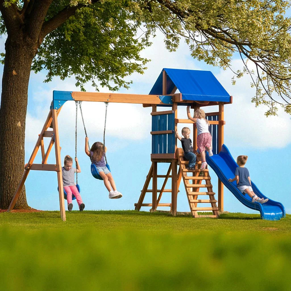 Wooden Swing Set with Blue Slide & Swings – Outdoor Playset for Kids
