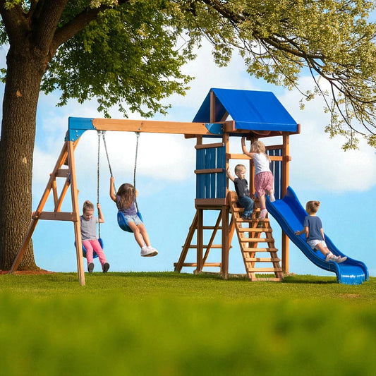 Wooden Swing Set with Blue Slide & Swings – Outdoor Playset for Kids