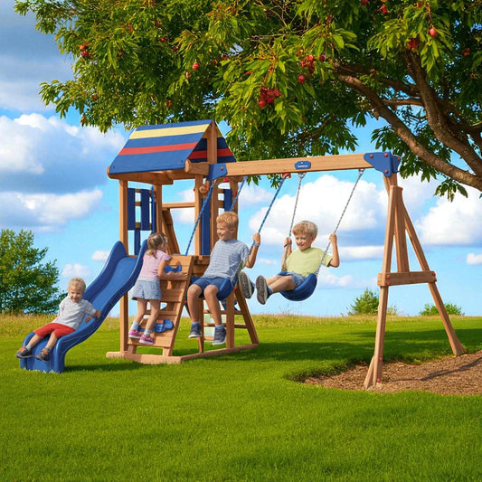 Wooden Swing Set with Blue Slide & Canopy – Outdoor Kids Playset with Swings