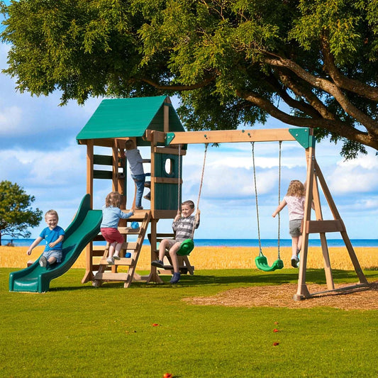 Backyard Wooden Swing Set – Outdoor Kids Playset with Slide, Swings & Climbing Ladder