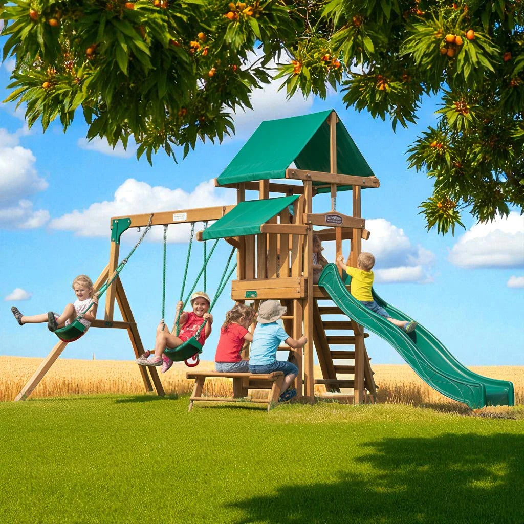 Wooden Swing Set with Green Slide, Canopy & Picnic Table – Outdoor Kids Playset