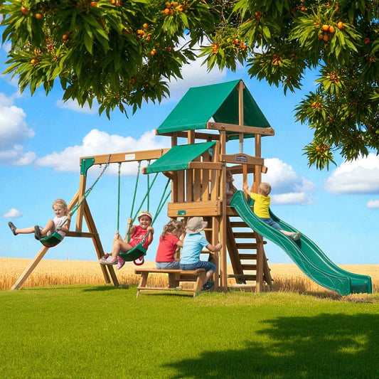 Wooden Swing Set with Green Slide, Canopy & Picnic Table – Outdoor Kids Playset