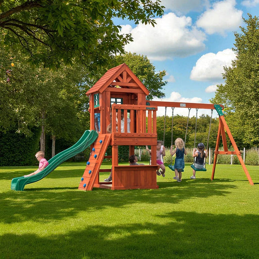 Natural Wood Swing Set – Backyard Wooden Playset with Slide, Swings & Roofed Play Deck