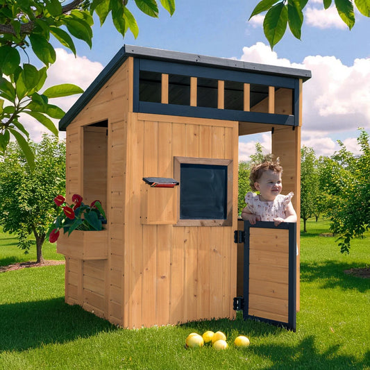 Light Brown Wooden Outdoor Playhouse – Backyard Kids Cottage with Windows, Door & Activity Features