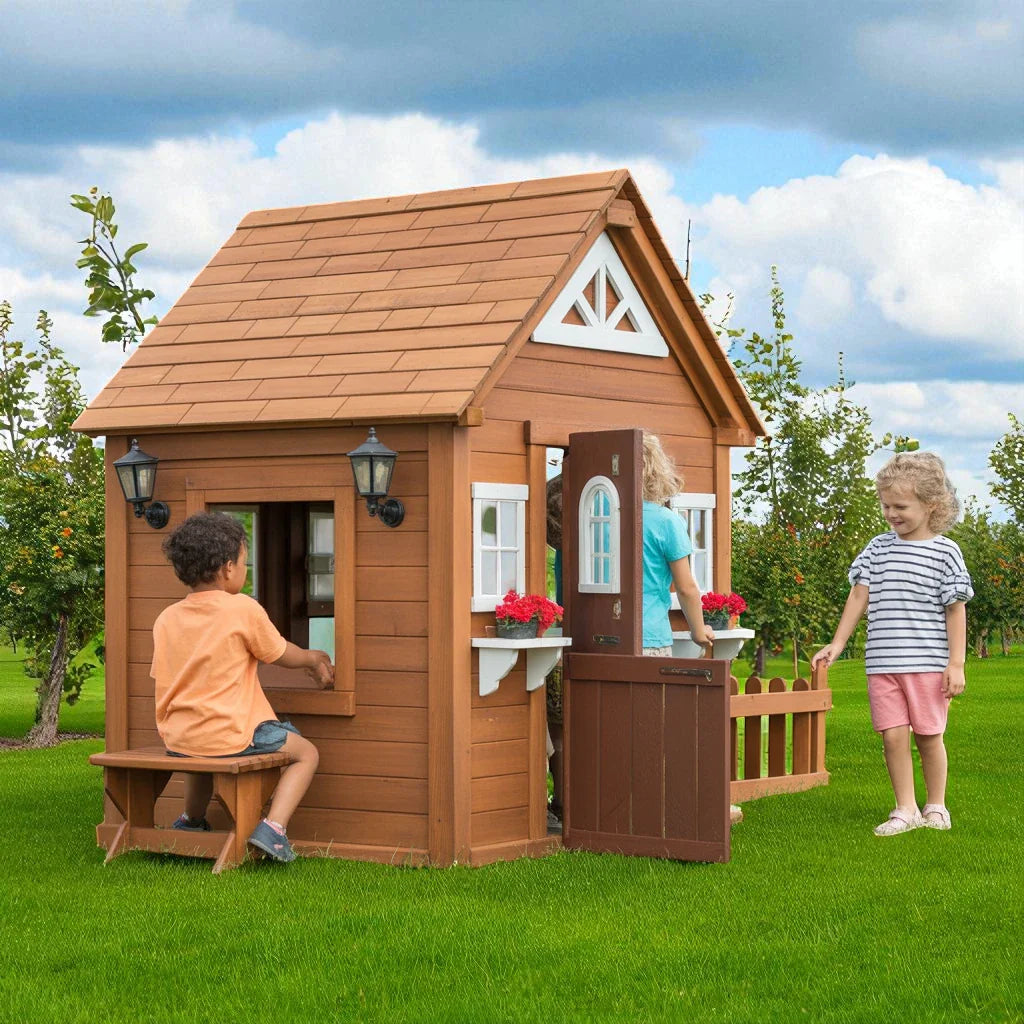 Wooden Kids Playhouse – Cottage Style Outdoor Playhouse with Bench, Door & Windows