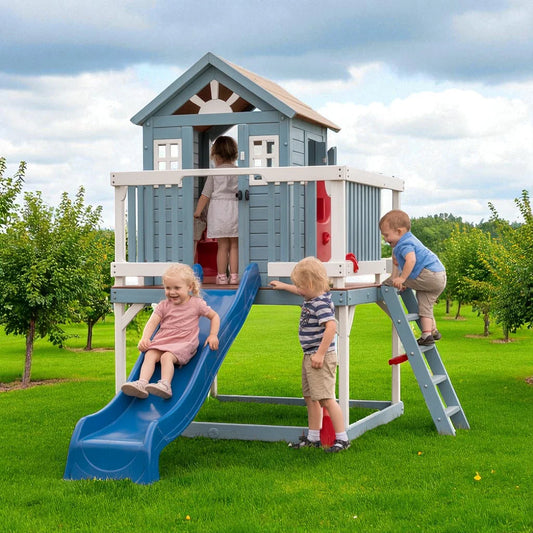 Kids Outdoor Playhouse with Slide – Elevated Blue Playhouse with Ladder & Balcony