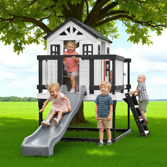 Outdoor Kids Playhouse with Slide – Elevated Wooden Playhouse with Ladder & Balcony