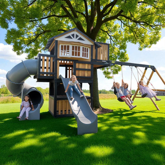 Modern Wooden Playset with Slides and Swings – Outdoor Backyard Kids Playhouse