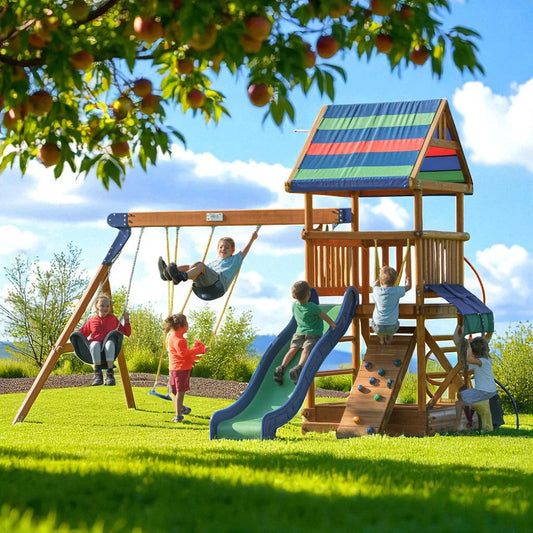 Wooden Kids Playset with Canopy Roof – Outdoor Swing Set, Slide, and Climbing Wall