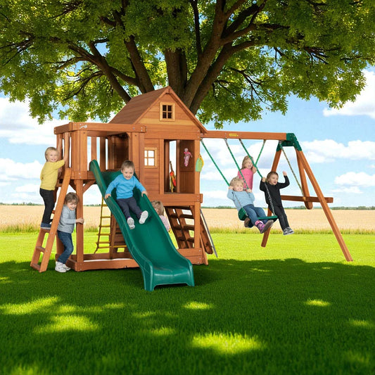 Wooden Playset with Slide, Swings, and Playhouse – Backyard Outdoor Playground for Kids