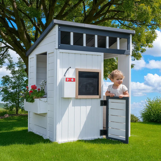 Outdoor Wooden Playhouse for Kids – Modern White Playhouse with Chalkboard, Mailbox & Flower Box