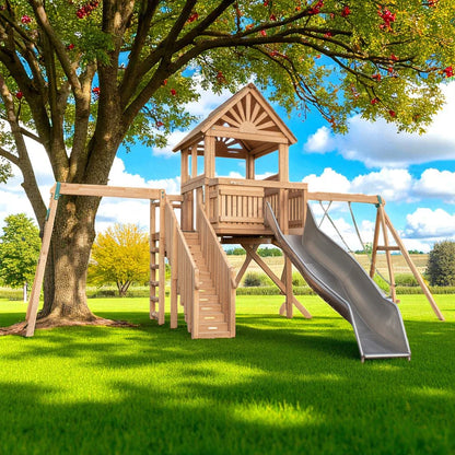Wooden Swing Set with Metal Slide – Outdoor Kids Playhouse Fort with Swings & Climbing Stairs