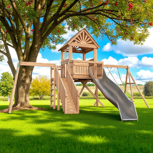 Wooden Swing Set with Metal Slide – Outdoor Kids Playhouse Fort with Swings & Climbing Stairs