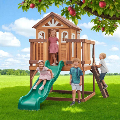 Wooden Outdoor Playhouse with Slide – Elevated Kids’ Playhouse with Balcony, Windows & Ladder