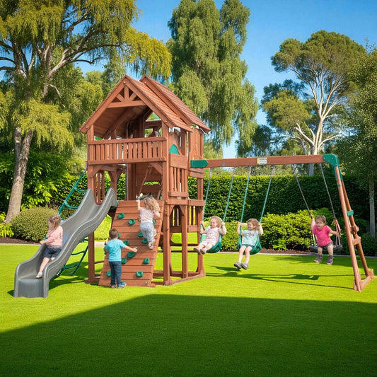Cedar Ridge Wooden Swing Set – Outdoor Playset with Double Slide, Swings & Rock Climbing Wall