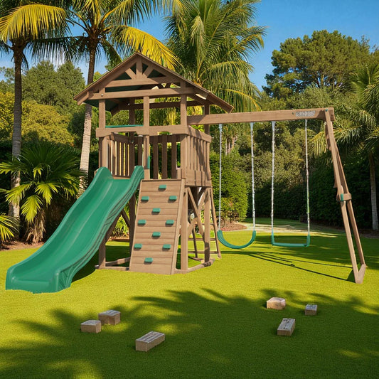 Cedar Ridge Wooden Swing Set – Outdoor Playset with Slide, Swings & Climbing Wall